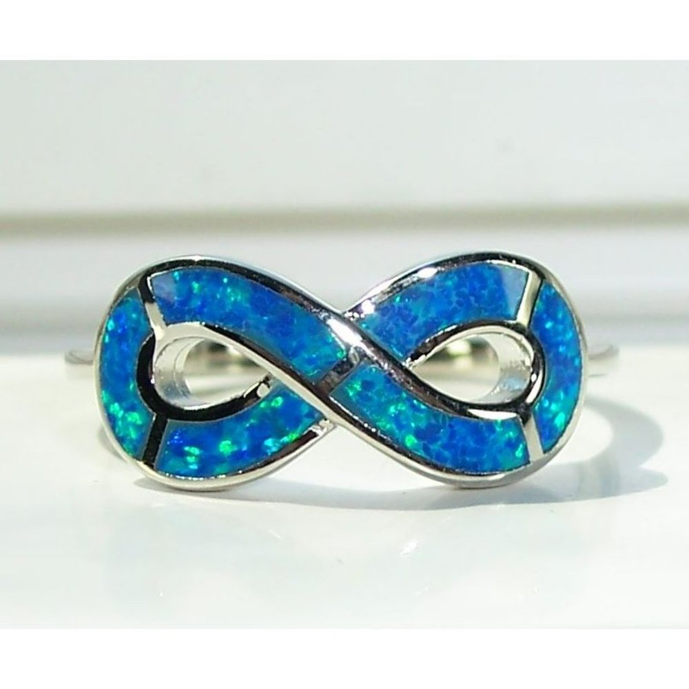 925 STERLING SILVER Lab Created Blue Fire Opal Infinity Ring